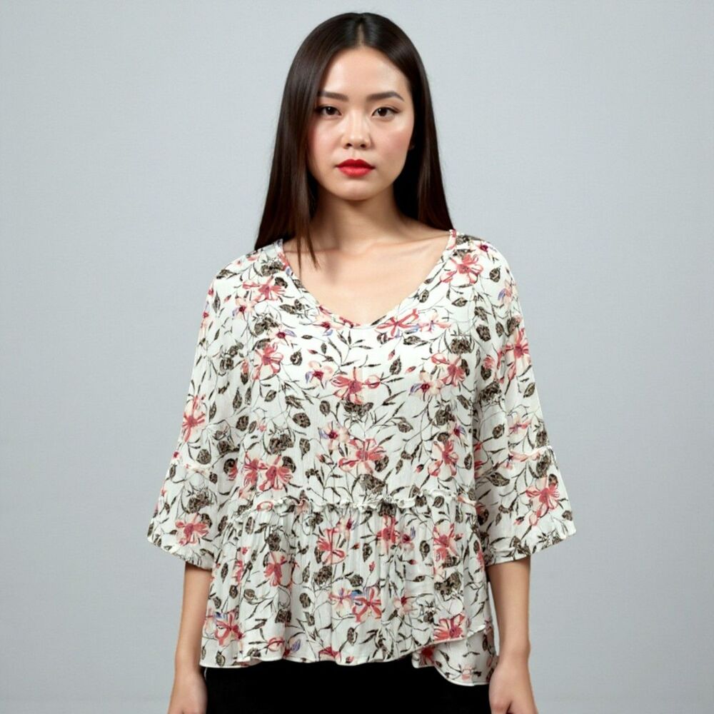 P.S. Kate Floral Crop Peasant Top S Leopard Print Ruffle Crochet Boho USA
